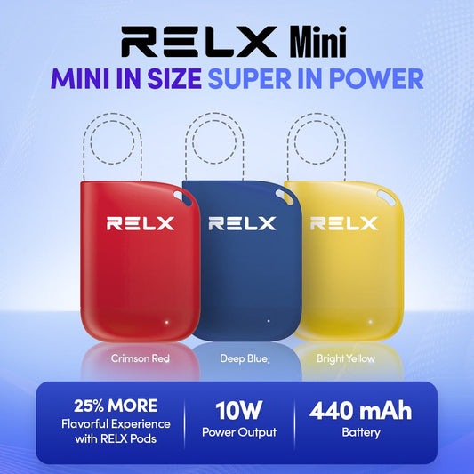 RELX Mini vape device in multiple colors, 440mAh battery, 10W power output